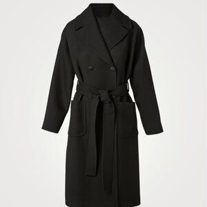 Women Wool Double Breasted Button Long Coat with Belt